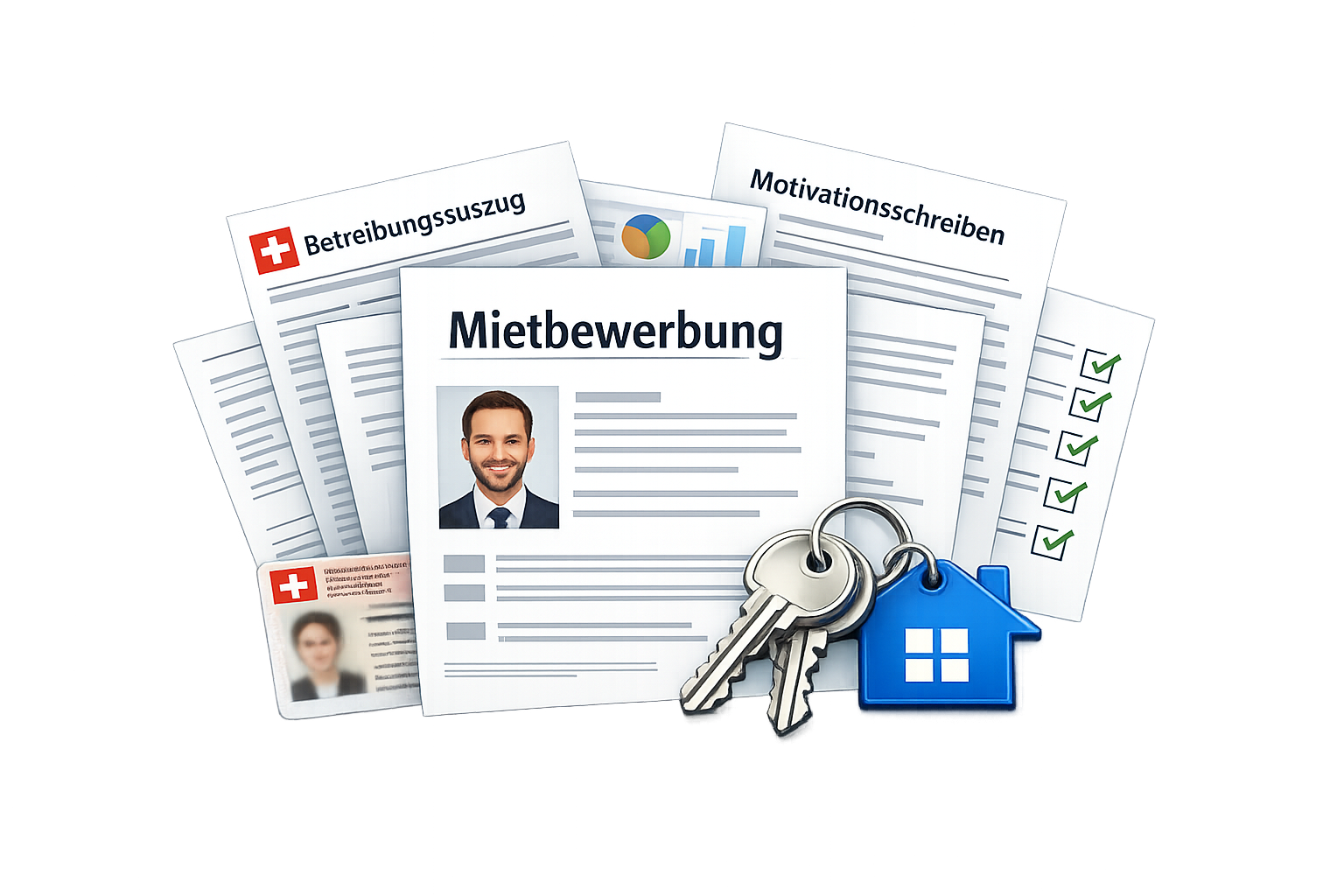 Illustration of a Swiss rental application dossier with supporting documents.