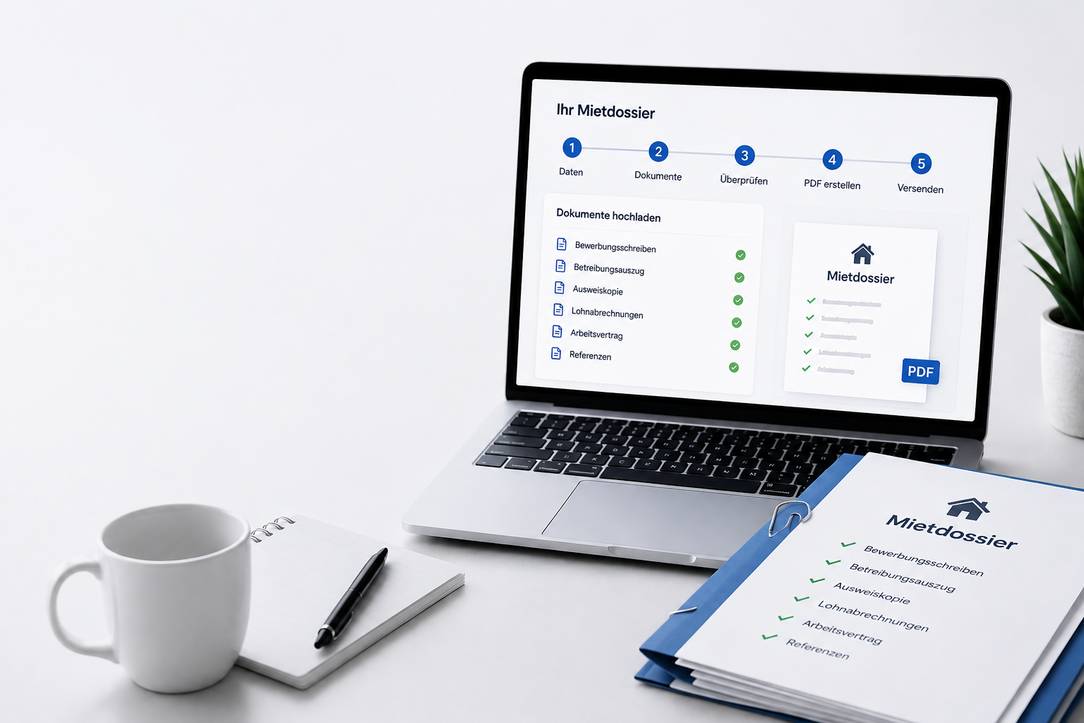 Illustration of a Swiss rental dossier with application documents.