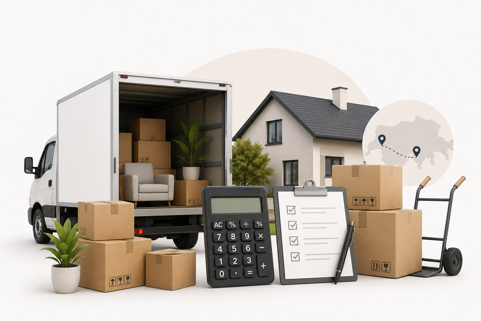 Illustration of a Swiss apartment move with boxes and a moving truck
