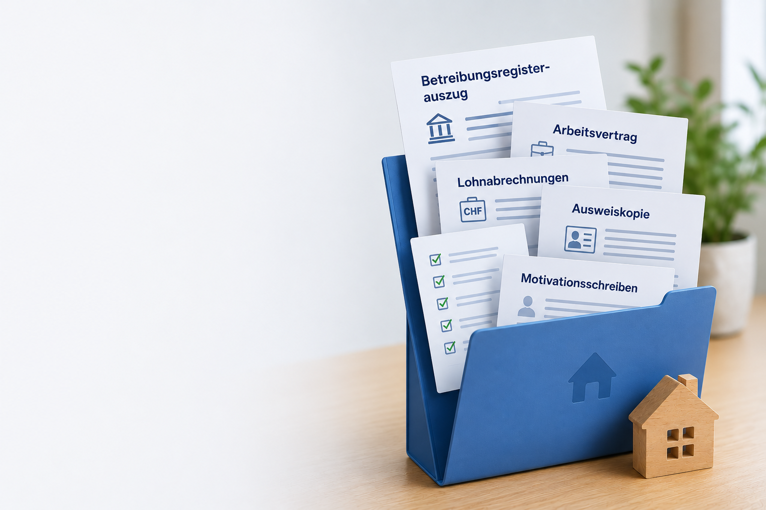 Cartella ordinata con documenti per una candidatura di affitto in Svizzera.